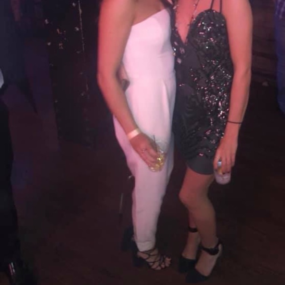 Off white strapless pantsuit with pockets
